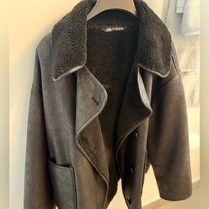 Black leather and Sherpa coat